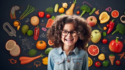 A child in a cute outfit imagines various foods on a textured wall background with a set of...