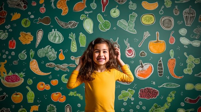 Naklejki A child in a cute outfit imagines various foods on a textured wall background with a set of infographics in front of them.