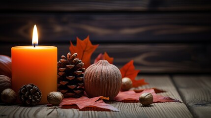 A close-up of an orange candle that isn't lit on a dark wooden table next to nuts and autumn leaves. The background is black and there's a horizontal copy space. - obrazy, fototapety, plakaty