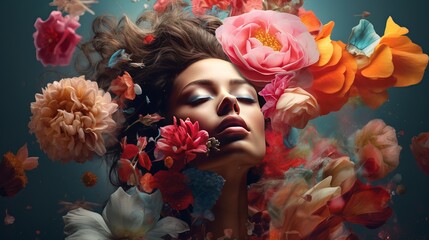 A collage of abstract contemporary surreal art that depicts a young woman with flowers - obrazy, fototapety, plakaty