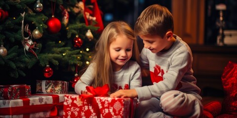 Fototapeta na wymiar Winter Presents: Cherished Family Moments on Christmas Eve. Heartwarming expressions of joy as children open gift boxes