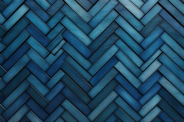 Arrangement of blue patina glazed mosaic tiles in herringbone pattern, creating a 3D stacked block background. Rendered image. Generative AI