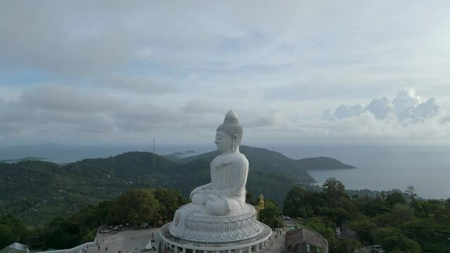 Phuket Big Buddha, or The Great Buddha of Phuket. Huge Buddha statue in Phuket, Thailand Phra Phutta Ming Mongkol Eknakiri. religious area on a mountain. drone shot. Statue religion. Traveling