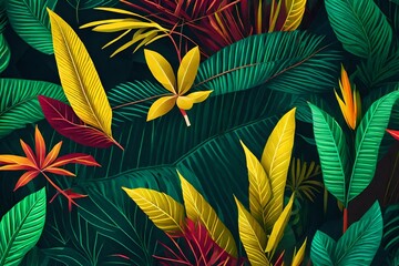 a lush and vibrant jungle background with overlapping palm fronds, and scatter colorful hibiscus flowers throughout