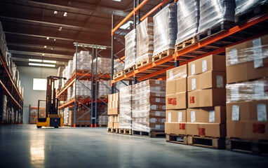 Perspective view of retail storehouse, shelves with goods in cartons, pallets, and forklifts. Logistics, and transportation, delivery, packaging concept on blurred background.