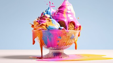 Colorful splashes of paint in a bowl on a blue background. Various of Ice Cream Flavor. Summer and Sweet Menu Concept.. Background with a copy space. - obrazy, fototapety, plakaty