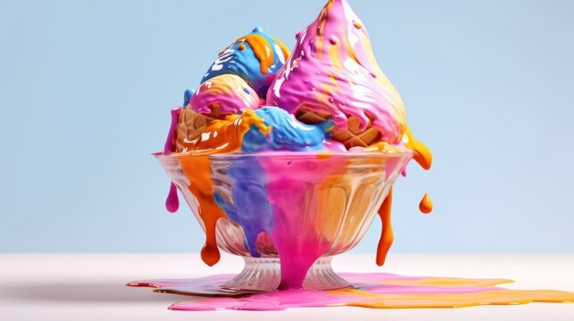 Colorful paint splashing out of a glass bowl. Various of Ice Cream Flavor. Summer and Sweet Menu Concept.. Background with a copy space.