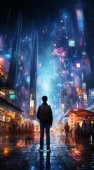 Wallpaper of a Futuristic Street Scene with Holographic Advertisements, Generative AI