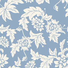 Fototapeta na wymiar Seamless pattern. Vector graphic flowers on light blue background.Silhouette white dahlia. 