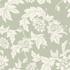 Seamless pattern. Vector graphic flowers on light green background.Silhouette white dahlia. 