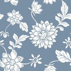Fototapeta na wymiar Vector collection of dahlias. Hand drawn vector illustration of flowers on blue background. For decoration invitations, tattoo, greeting cards and another print.