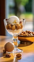 Almond ice cream with nuts in a glass bowl on wooden table. Various of Ice Cream Flavor. Summer and Sweet Menu Concept.. Background with a copy space.