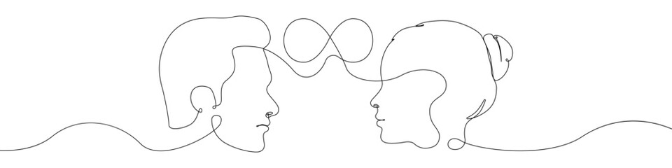 Man and woman face icon line continuous drawing vector. One line Infinity sign between faces icon vector background. Heart between faces icon. Continuous outline of a The love of two people. - obrazy, fototapety, plakaty