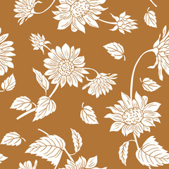 seamless pattern with sunflowers,Vector creative hand-drawn abstract seamless pattern of stylized sunflowers flowers in brown and white colors background.