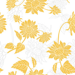 seamless yellow sunflower drawing pattern on white background, sunflower flowers in monochrome colors, ornament for wallpaper and fabrics, scrapbooking, textile.