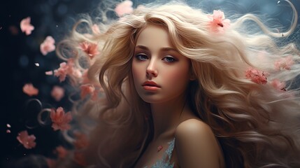 A lovely woman holds beautiful flowers and blows them away. A fantasy girl's portrait in pastel colors with a fantasy flower hairstyle and long permed hair.