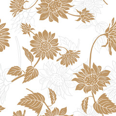 seamless brown sunflower drawing pattern on white background, sunflower flowers in monochrome colors, ornament for wallpaper and fabrics, scrapbooking, textile.