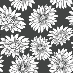 Abstract chrysanthemum flowers seamless pattern. Autumn garden flower on black background. Hand drawn illustration.