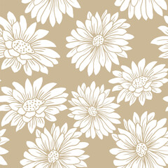 Abstract chrysanthemum flowers seamless pattern. summer garden flower on beige background. Hand drawn illustration.