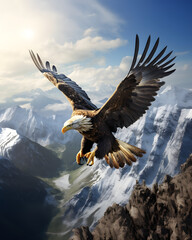A beautiful eagle above the high mountains with spread wings in the air. A view of the  nature.