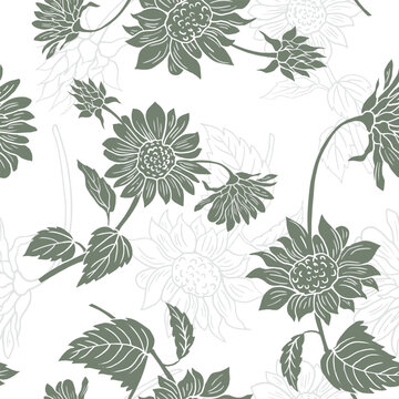 seamless green sunflower drawing pattern on white background, sunflower flowers in monochrome colors, ornament for wallpaper and fabrics, scrapbooking, textile.