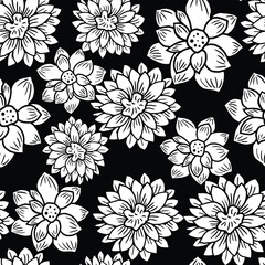 Obraz premium Floral seamless pattern with hand drawn Dahlia flowers. Bright vector floral black background in pastel colors. Flat drawing in modern style. Botanical trendy ornament. Summer motif.