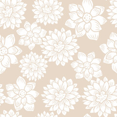 Floral seamless pattern with hand drawn Dahlia flowers. Bright vector floral half white background in pastel colors. Flat drawing in modern style. Botanical trendy ornament. Summer motif.