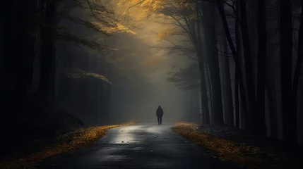Gordijnen A man walks through a mysterious, dramatic and warmly colored scene on a misty, foggy road. © Khalida