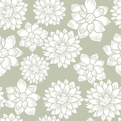 Floral seamless pattern with hand drawn Dahlia flowers. Bright vector floral pastel green background in pastel colors. Flat drawing in modern style. Botanical trendy ornament. Summer motif.