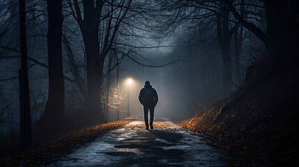 A man walks through a mysterious, dramatic and warmly colored scene on a misty, foggy road. - Powered by Adobe