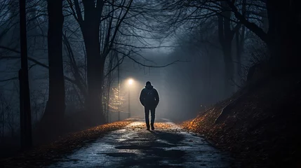 Tuinposter A man walks through a mysterious, dramatic and warmly colored scene on a misty, foggy road. © Khalida