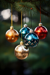 Elegant Christmas baubles hanging on a green Christmas tree. Perfect for chic holiday card designs