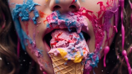 Close-up portrait of a beautiful girl with ice cream in her mouth. Various of Ice Cream Flavor. Summer and Sweet Menu Concept.. Background with a copy space.