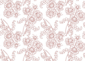 Fototapeta premium Summer pattern with flowers sunflower. Hand draws field plants with ink pink outline sunflower on white background. Design for print, packaging, wallpaper, textile.