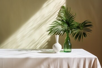 Table counter with beige tablecloth drape in sunlight 