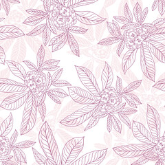 Seamless pink line drawing rhododendrons, ornamental and medicinal plants. Hand drawn botanical vector illustration on white background