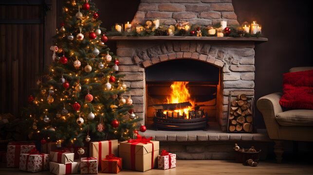 A cosy room lit by a fireplace's warm glow and a Christmas tree. A perfect place to snuggle up and enjoy the festive spirit.
