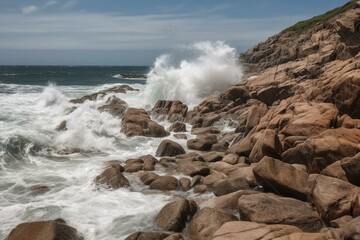 Scene of coastal rocks and powerful waves. Generative AI