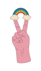 Peace hand gesture sign with colorful rainbow and clouds, isolated on white background. Victory or peace vector symbol. No war sign. Design for posters, t-shirts, banners.