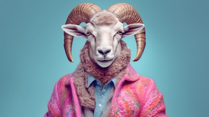 Bighorn sheep wearing clothes on pastel background