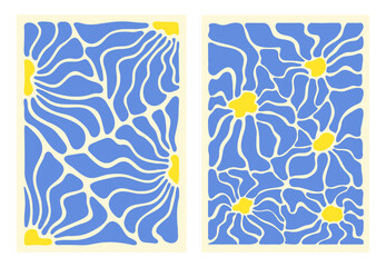 Groovy abstract flower art set. Organic floral doodle shapes in trendy naive retro hippie 60s 70s style. Botanic vector illustration in blue and yellow color. Сurves aestethic.