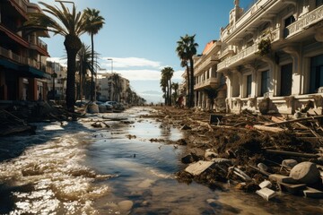 Flooded street with houses and shops. Beach resort after heavy rain - obrazy, fototapety, plakaty
