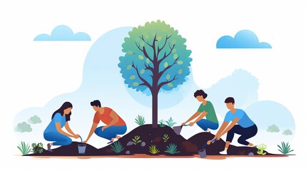 A group of volunteers are planting a forest in isolation. Flat vector stock illustration of the concept of tree planting and forest conservation. The park is being landscaped by volunteers.