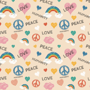 Groovy hippie 1970s background. Rainbow, peace, Love, heart and clouds symbols with peace, humanity and love lettering text . Seamless pattern in trendy trippy retro style. Hippie 60s, 70s style.