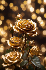  golden rose flowers (close up shot) 100 mm shot with bokeh background. Created using generative AI tools