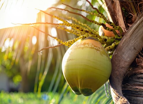 Coconut grows on a tree in the harvest garden on everning sun flare. AI Generated.