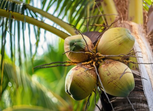 Coconut grows on a tree in the harvest garden on everning sun flare. AI Generated.
