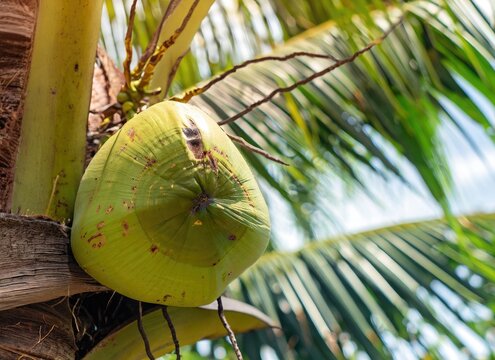 Coconut grows on a tree in the harvest garden on everning sun flare. AI Generated.