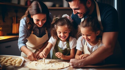 A happy family and humorous children are preparing the dough and baking cookies in the kitchen. - obrazy, fototapety, plakaty
