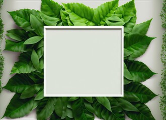 creative layout, green leaves with white square frame . AI Generated.